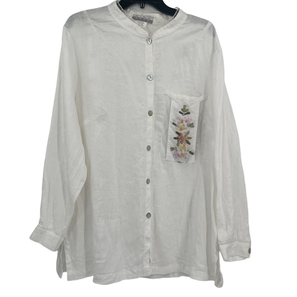 Nino Wong California Womens Size 1X Vintage Linen Button Up Top White Floral